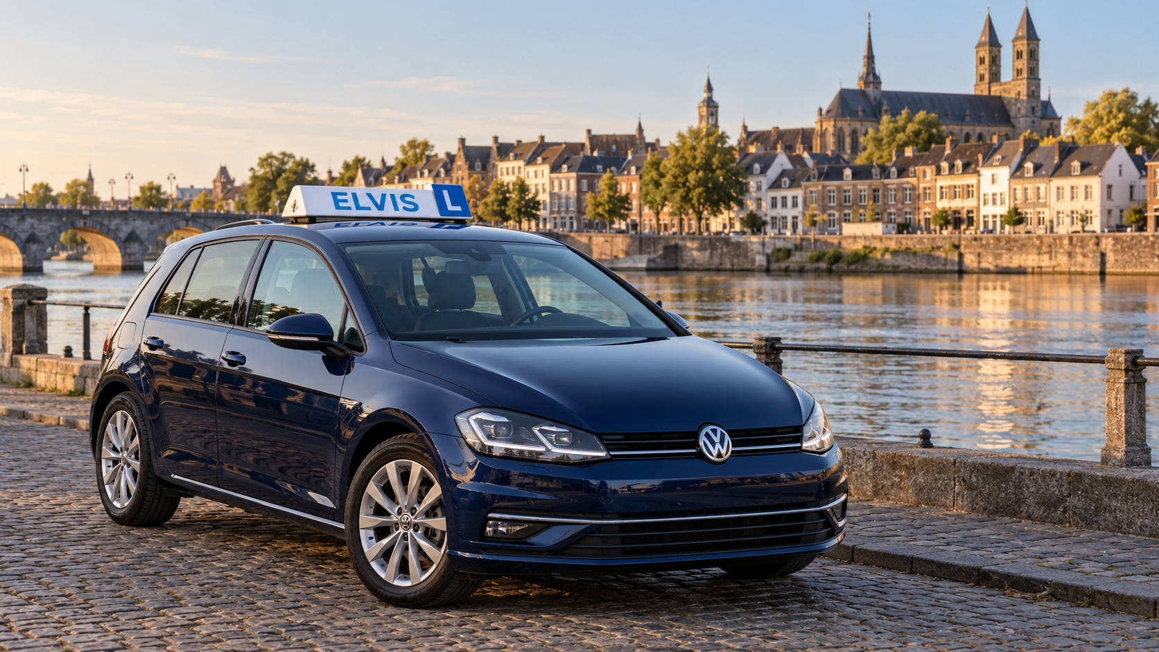Illustration of a dark blue Volkswagen Golf driving school car in Maastricht